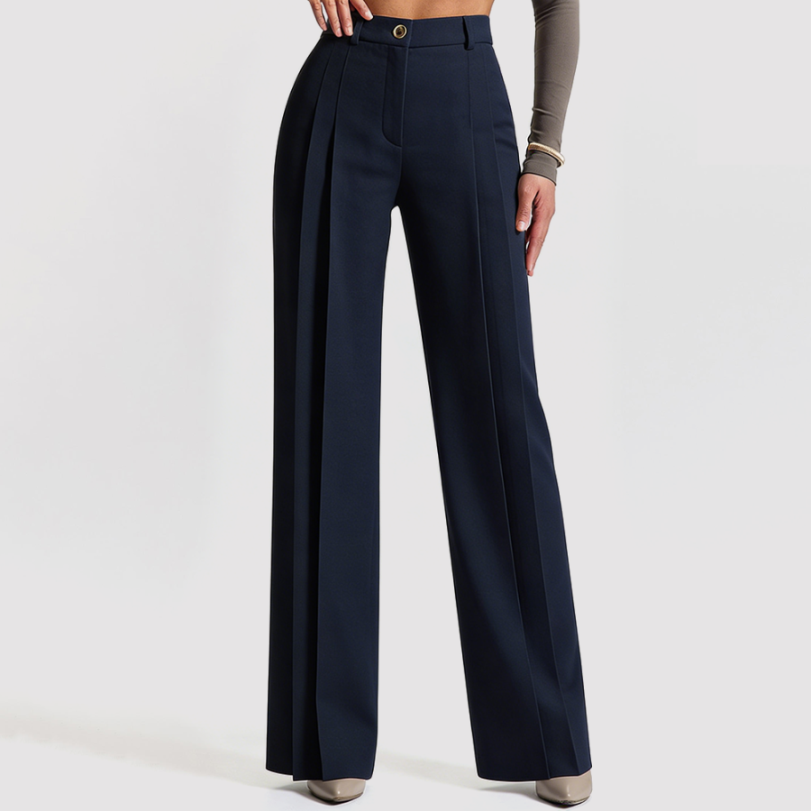High-Waisted Button-Detail Pleated Wide-Leg Trousers