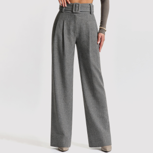 High-Waisted Herringbone Wide-Leg Pants with Tie Belt