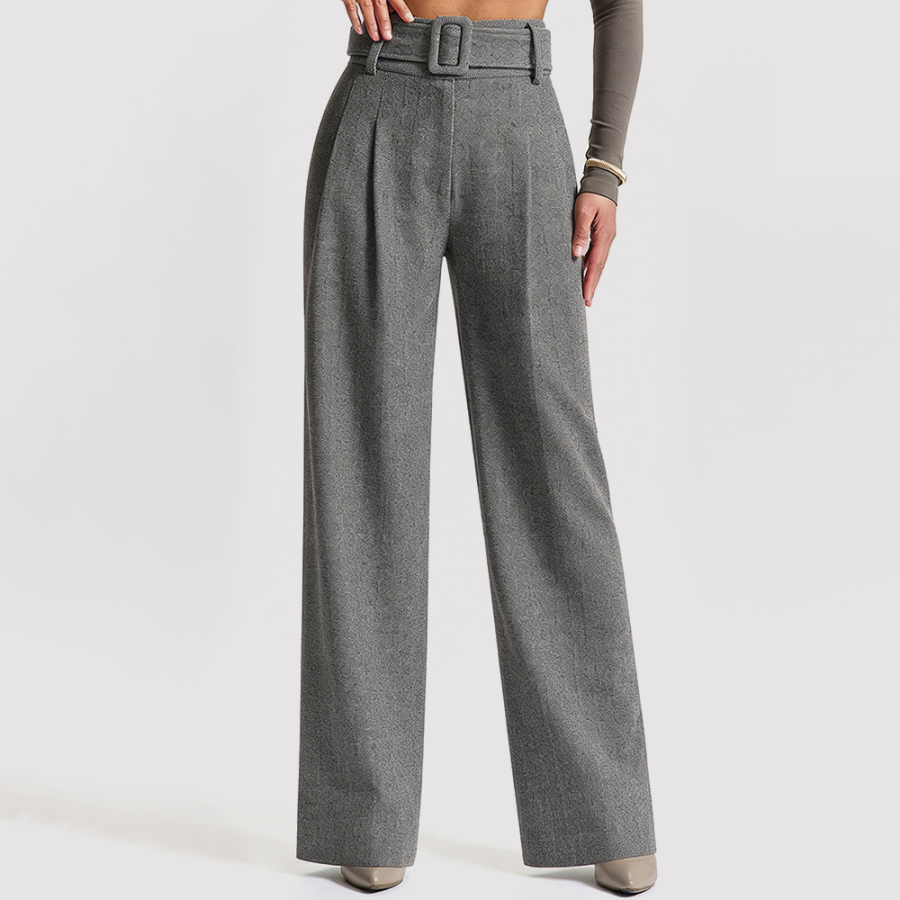 High-Waisted Herringbone Wide-Leg Pants with Tie Belt