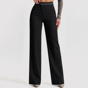 High-Waisted Pleated Asymmetrical Trousers with White Trim