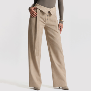 Embroidered Pleated Striped Flared Trousers