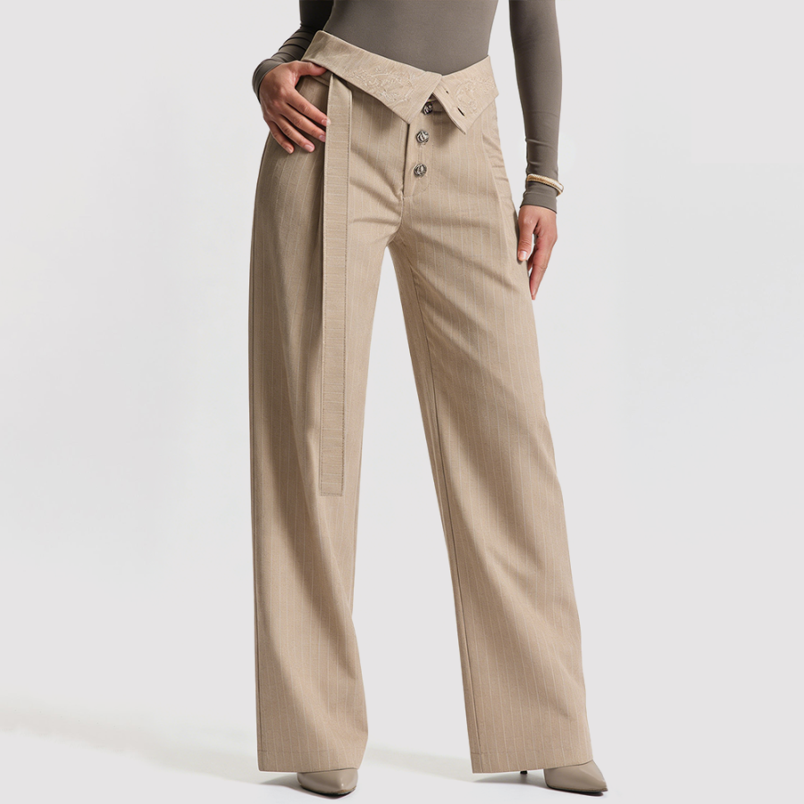 Embroidered Pleated Striped Flared Trousers