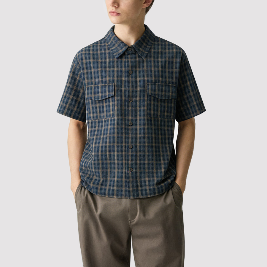 Men's Retro Plaid Short-Sleeve Shirt with Pocket