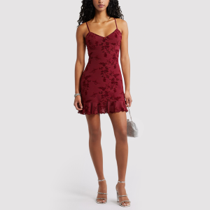 Burgundy Floral Spaghetti-Strap Mini Dress