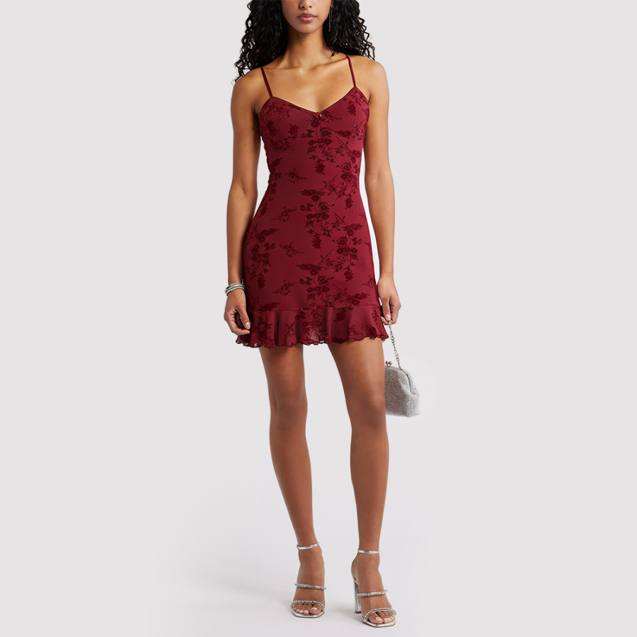 Burgundy Floral Spaghetti-Strap Mini Dress