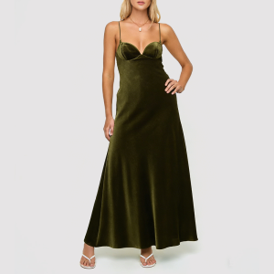 Green Long Dress with Thin Straps and Cutouts