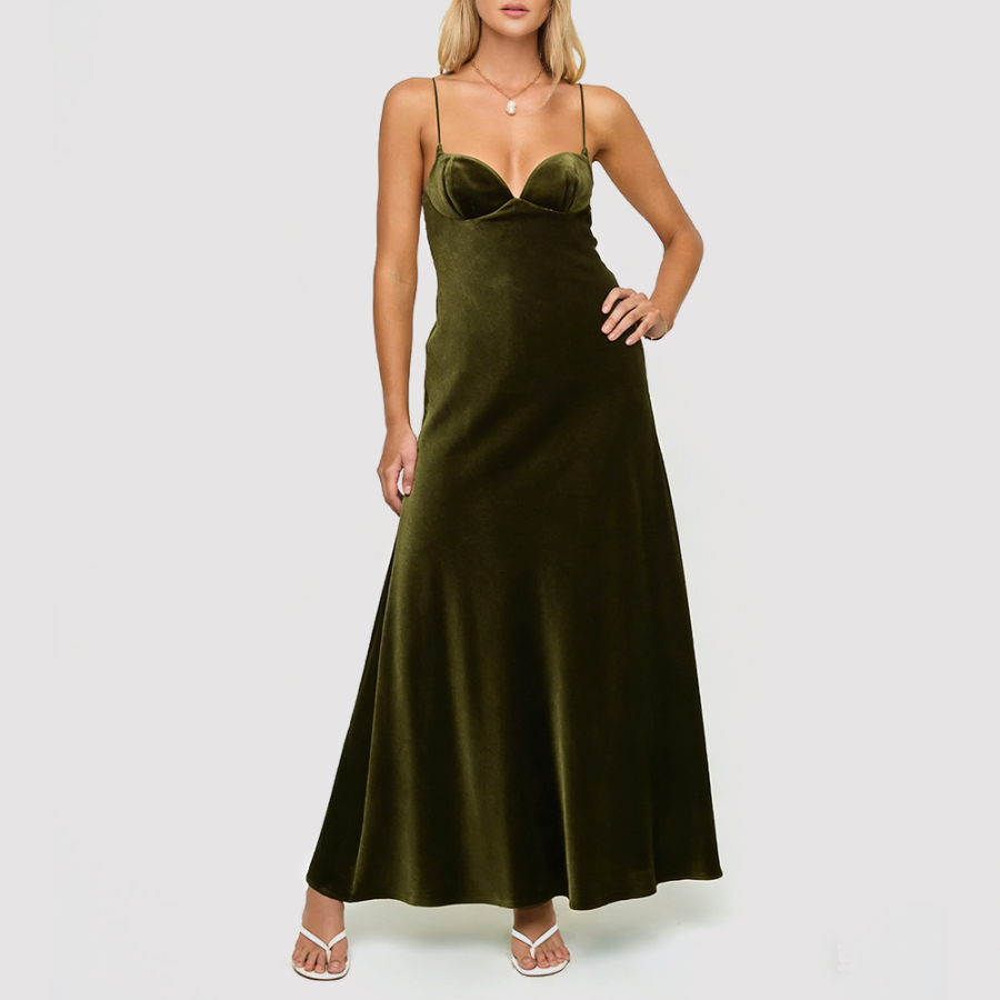 Green Long Dress with Thin Straps and Cutouts