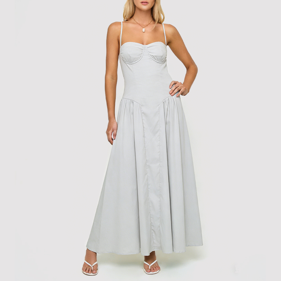 Grey Pleated Spaghetti-Strap Dress