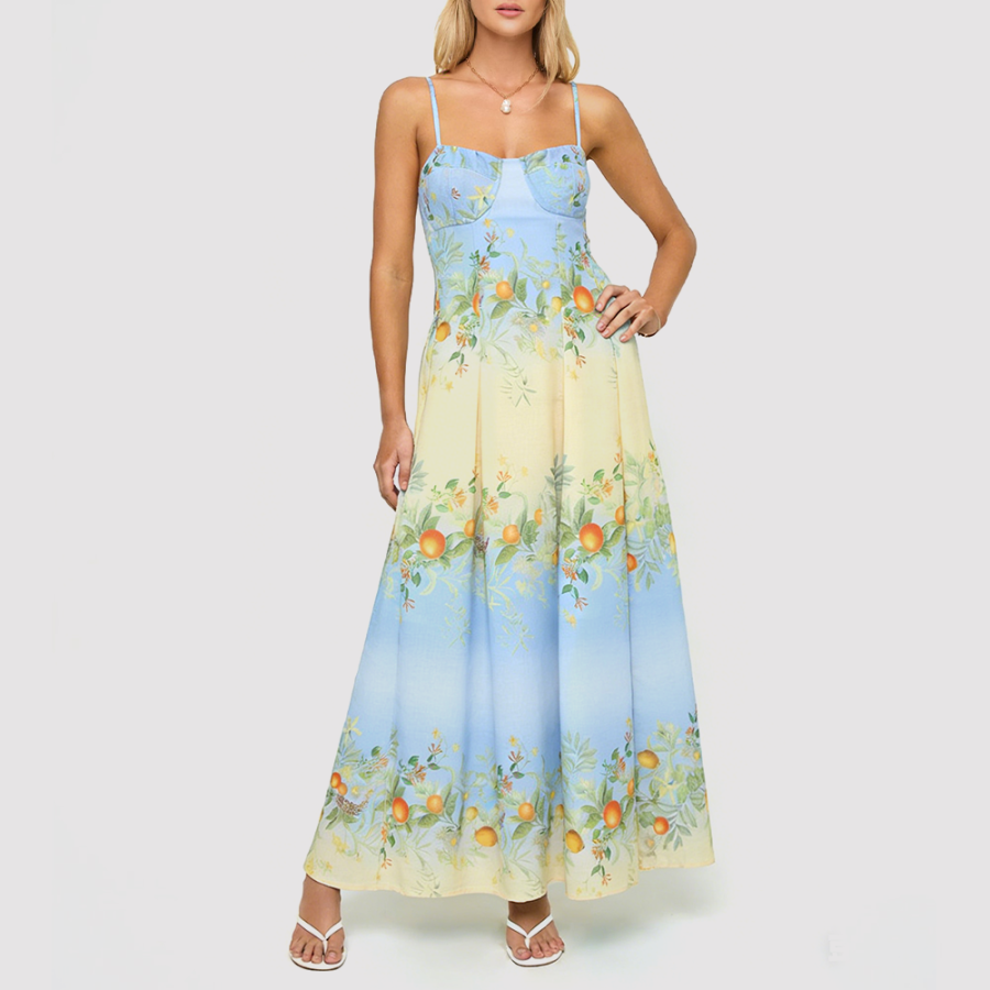 Blue Floral Spaghetti-Strap Maxi Dress
