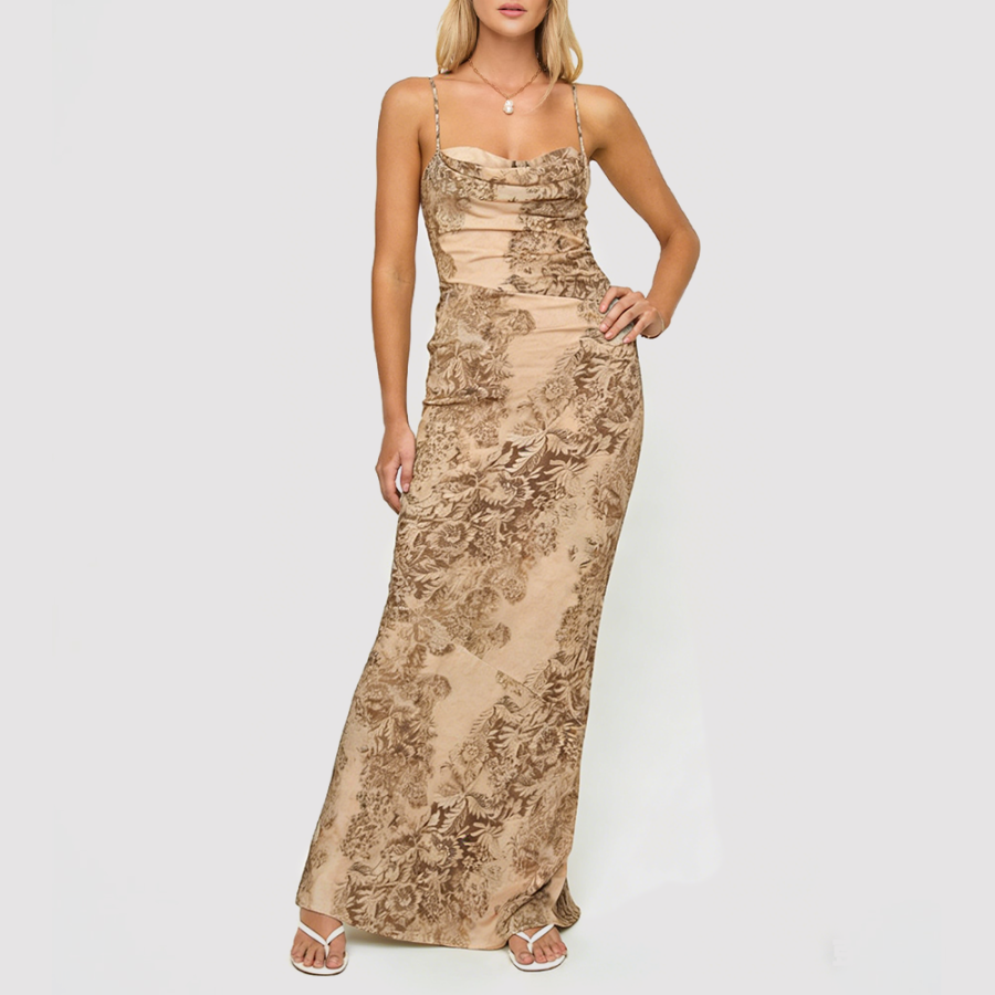 Khaki Floral Spaghetti-Strap Dress