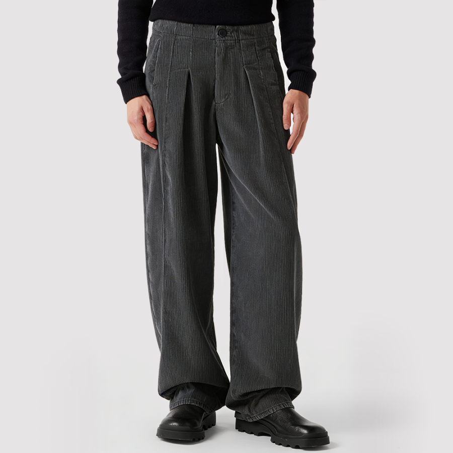 Loose-Fit Casual Corduroy Pleated Trousers