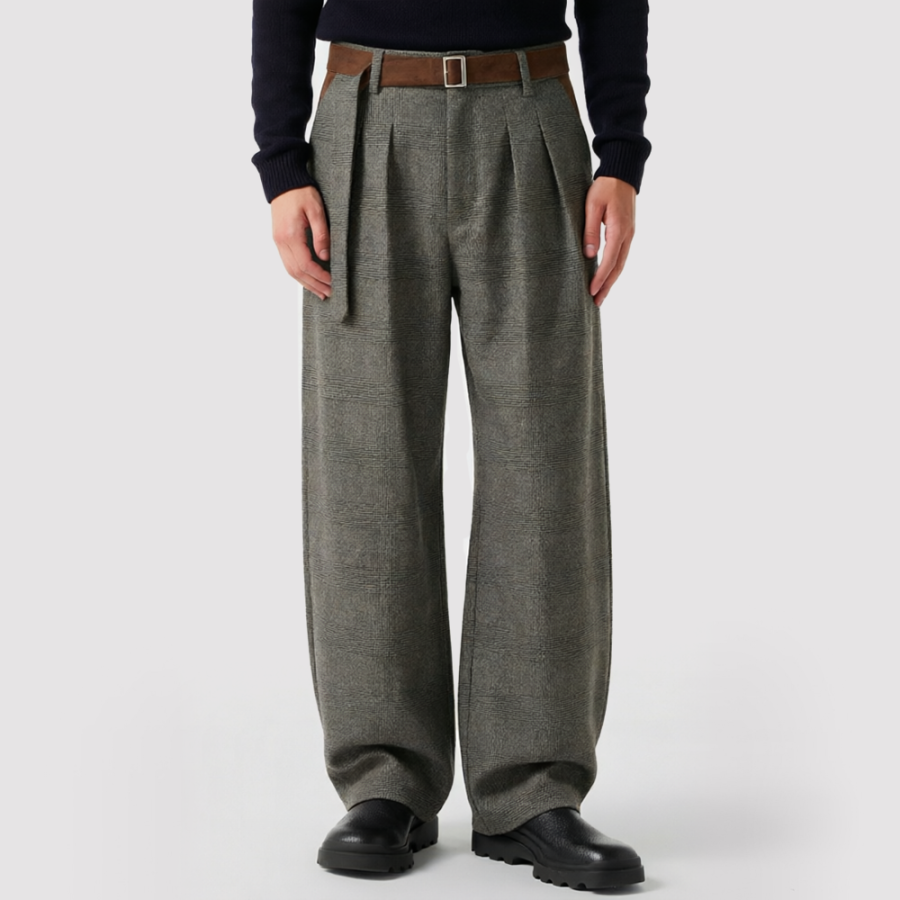 Retro Straight-Leg Trousers with Flat Pleats and Elastic Waist