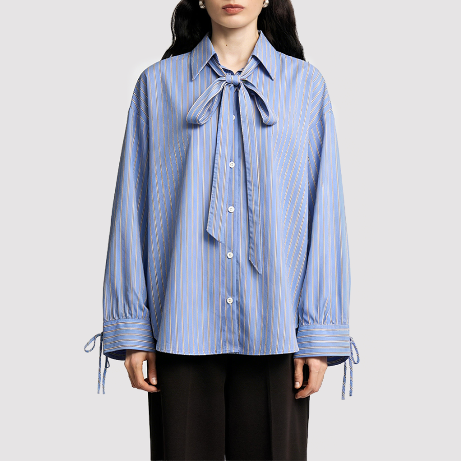 Button-Front Shirt with Tie-Bow Collar
